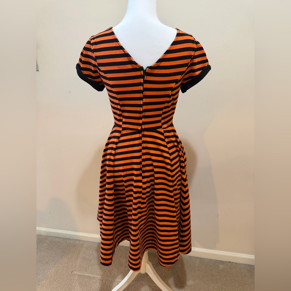 Unique Vintage Orange and Black Striped Midi Flare Dress Size Small - Picture 2 of 9